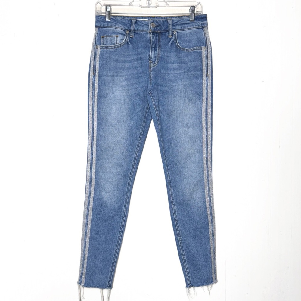 Anthropologie Shimmer Metallic Silver Racer Side Stripe Fringe Hem Cropped Jeans - Picture 2 of 15